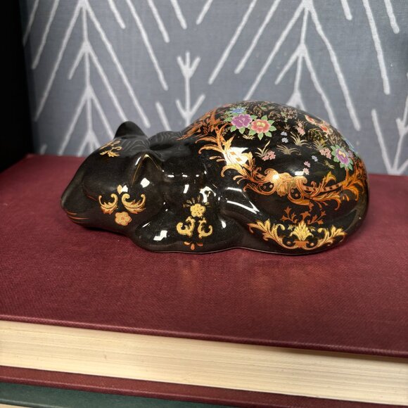 Vintage Satsuma Cat Figurine Black and Gold Ceramic Cat for Decor - Picture 3 of 16